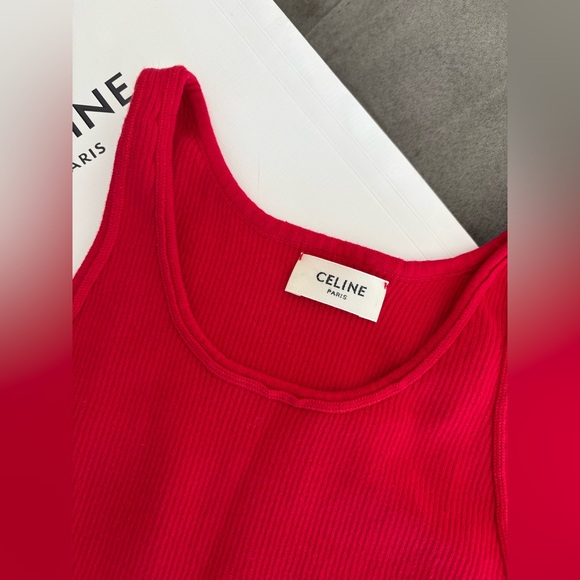 Celine Red Graphic Print Scoop Neck Crop Top Size S Logo Top - Picture 5 of 16